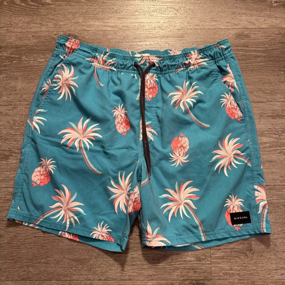 Rip Curl Shorts Mens S Teal Polyester Tropical Pineapple Summer Beach Surfing